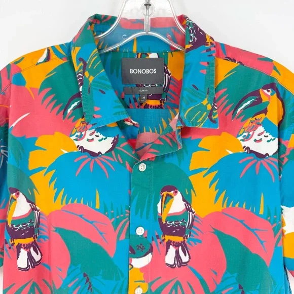 BONOBOS Coral Toucan Tropics Riviera Short Sleeve Button Down Shirt Blue Size M - Picture 5 of 11
